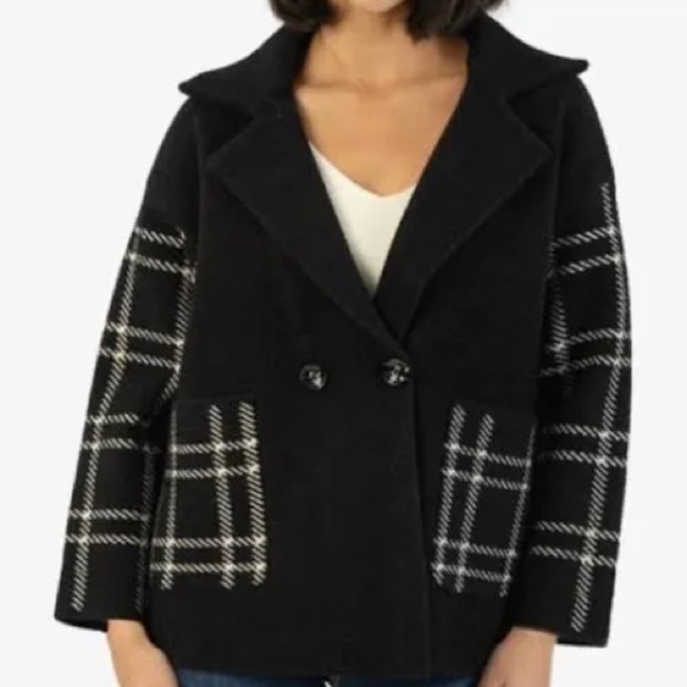 NWT Kut From The Kloth Azalea Houndstooth Plaid Sweater Coat Black/White Medium